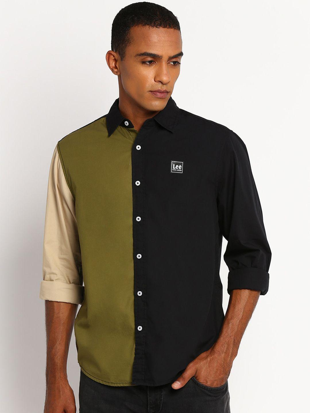 lee men black & olive green classic colourblocked cotton casual shirt