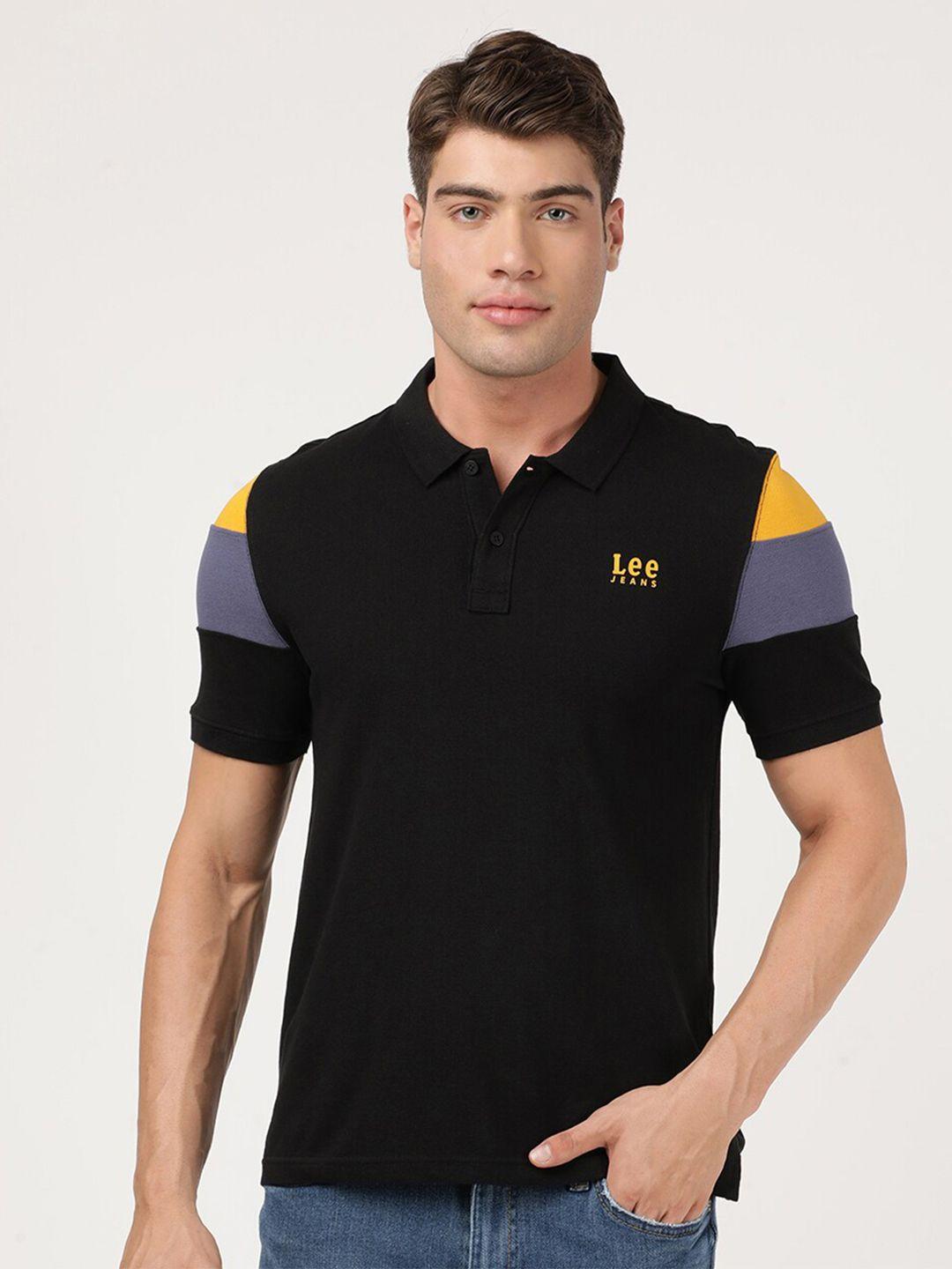 lee men black & yellow colourblocked polo collar slim fit t-shirt