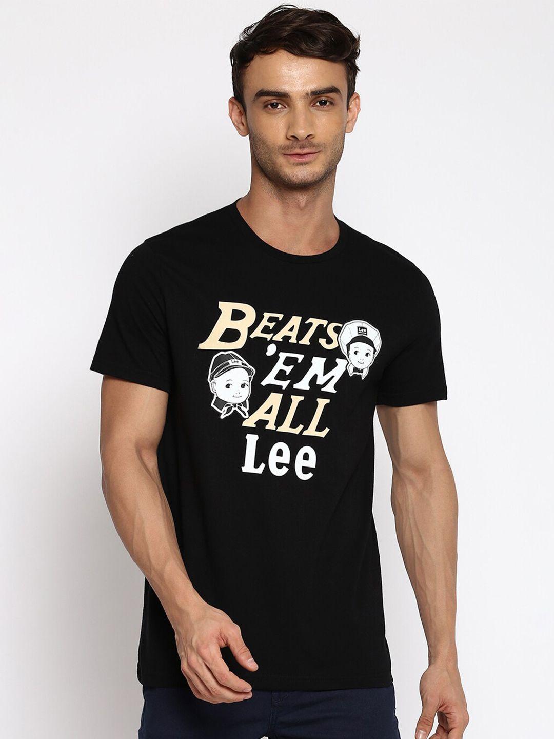 lee men black & yellow typography printed slim fit t-shirt