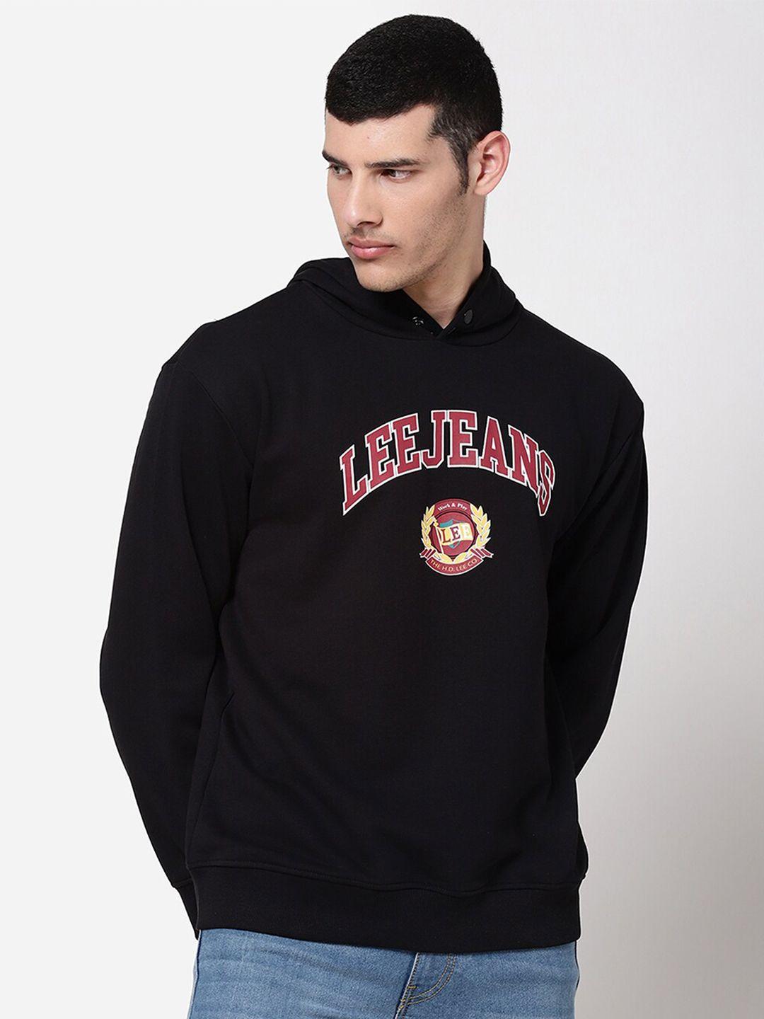 lee men black printed hooded sweatshirt