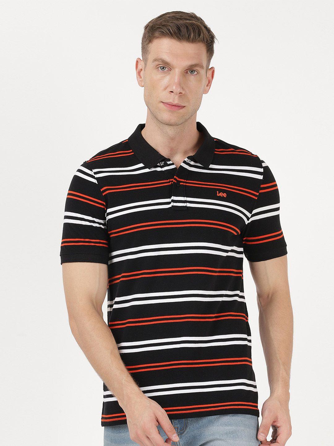 lee men black striped polo collar applique slim fit t-shirt
