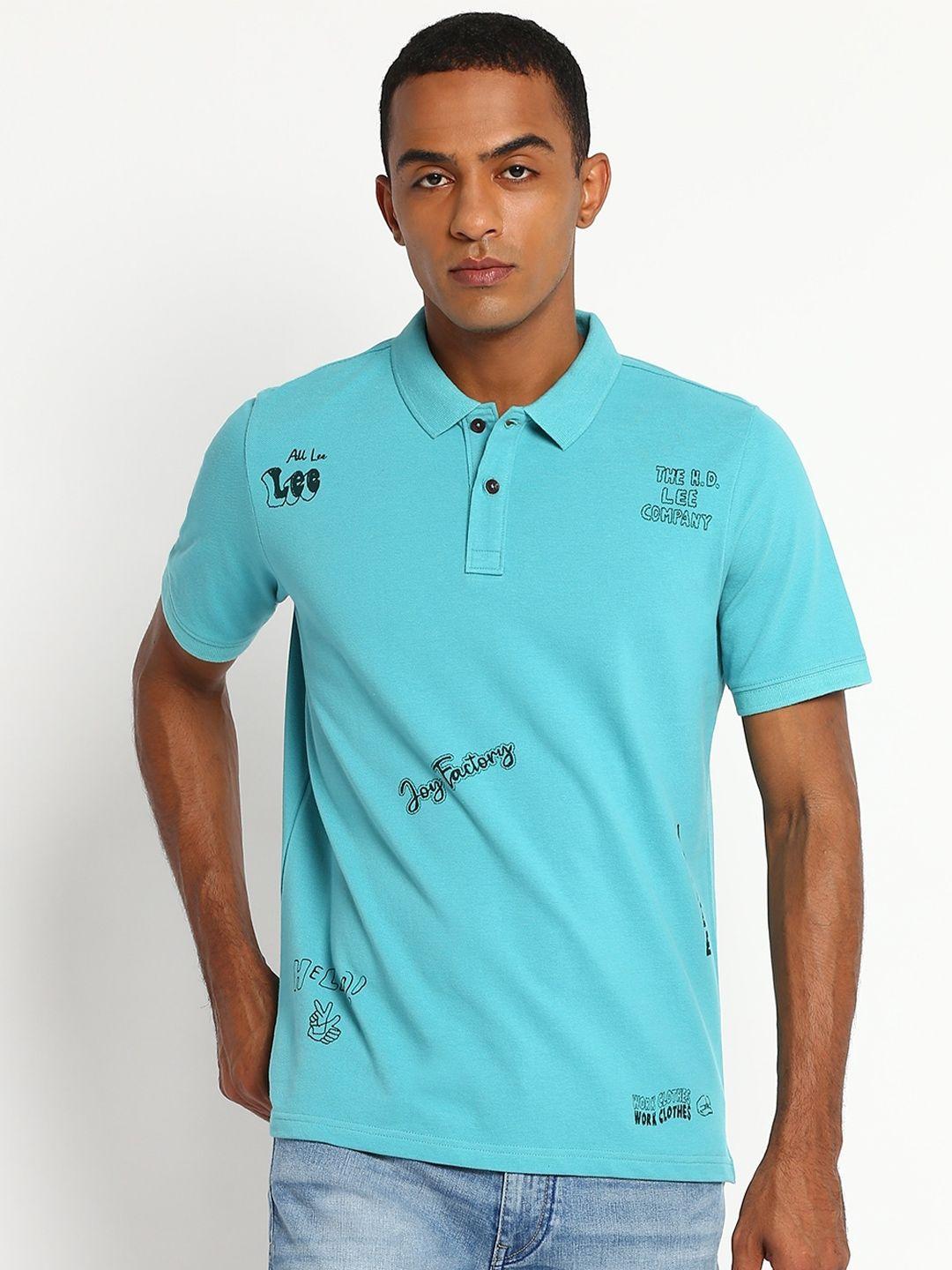 lee men blue & black printed polo collar cotton t-shirt