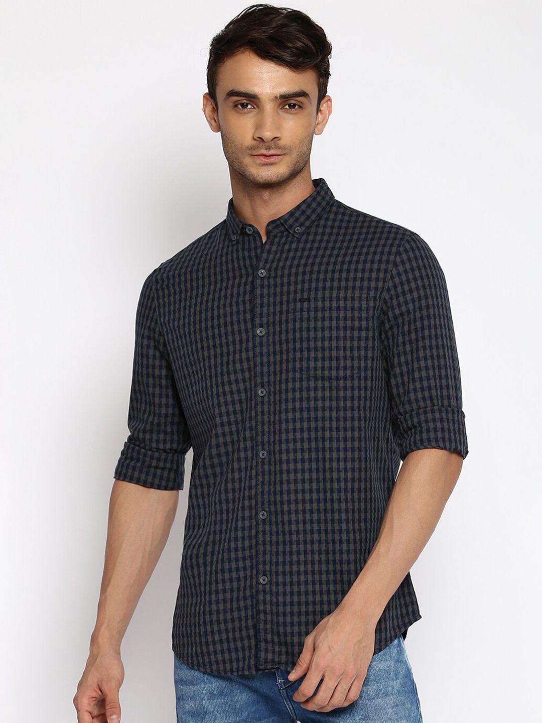 lee men blue & grey classic slim fit grid tattersall checks cotton casual shirt