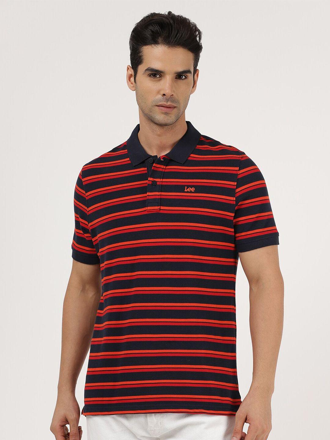 lee men blue & orange striped polo collar slim fit t-shirt