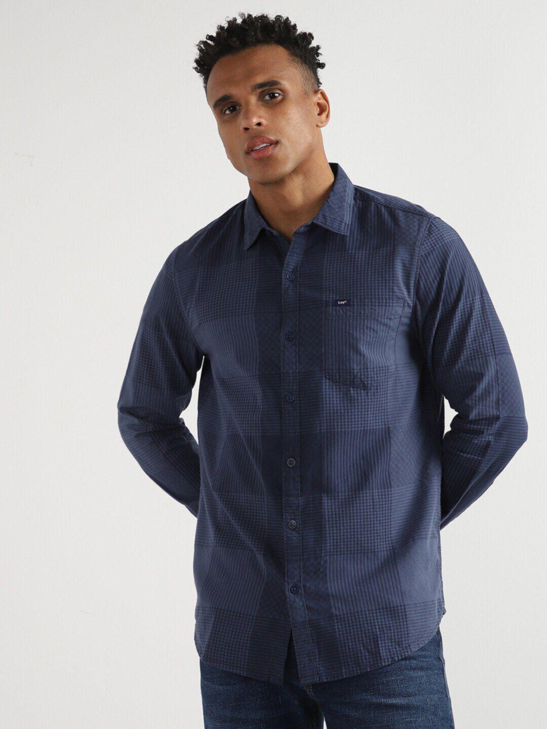 lee men blue slim fit grid tattersall checks opaque striped casual shirt