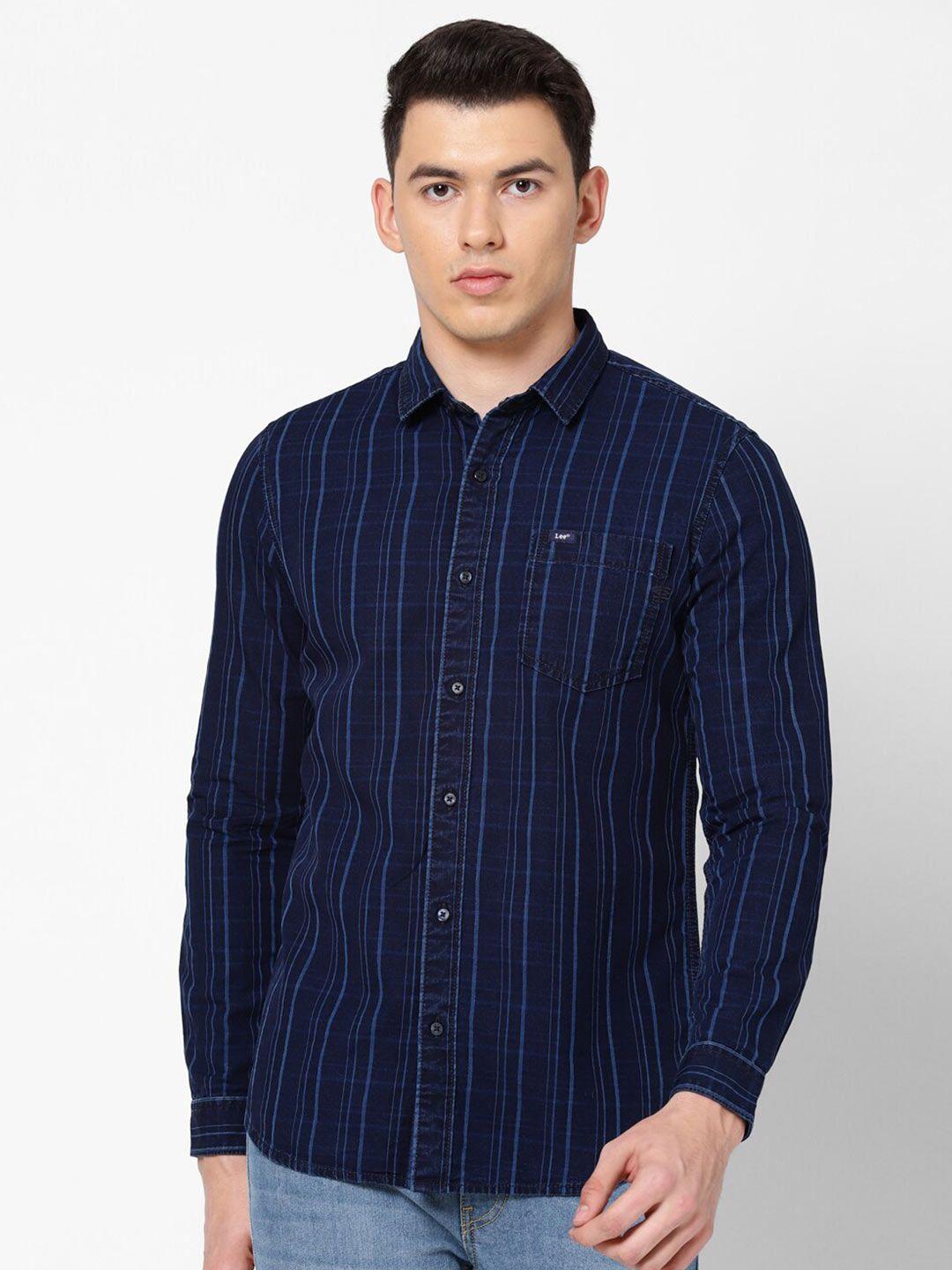 lee men blue slim fit striped casual shirt