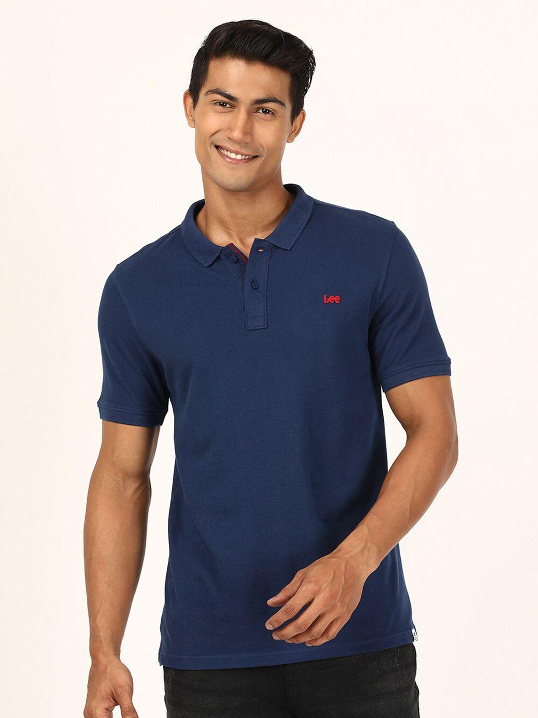 lee men blue solid cotton polo collar slim fit t-shirt