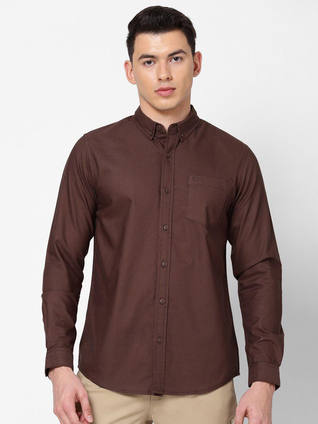 lee men brown slim fit cotton casual shirt