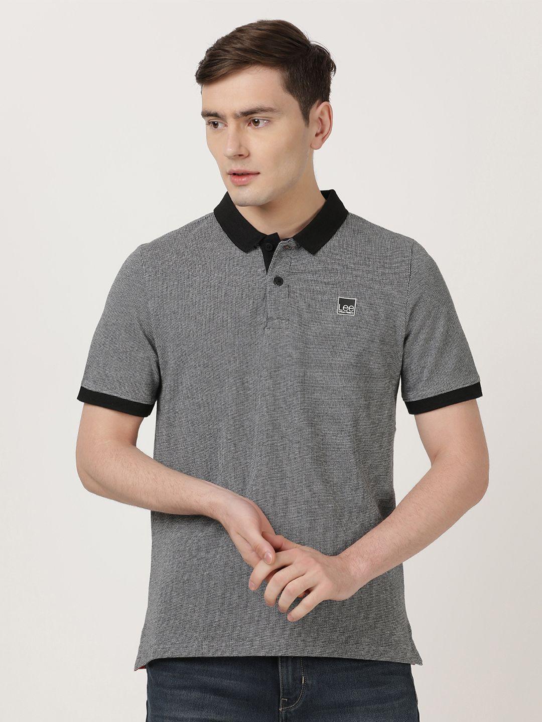 lee men charcoal & black polo collar slim fit cotton t-shirt