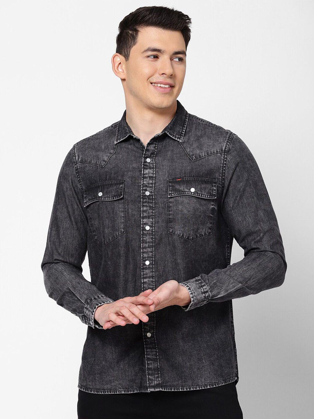 lee men charcoal slim fit faded cotton casual shirt