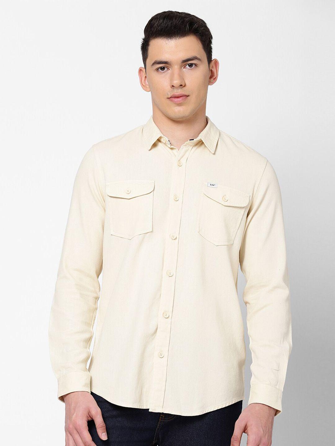 lee men cream-coloured slim fit cotton casual shirt