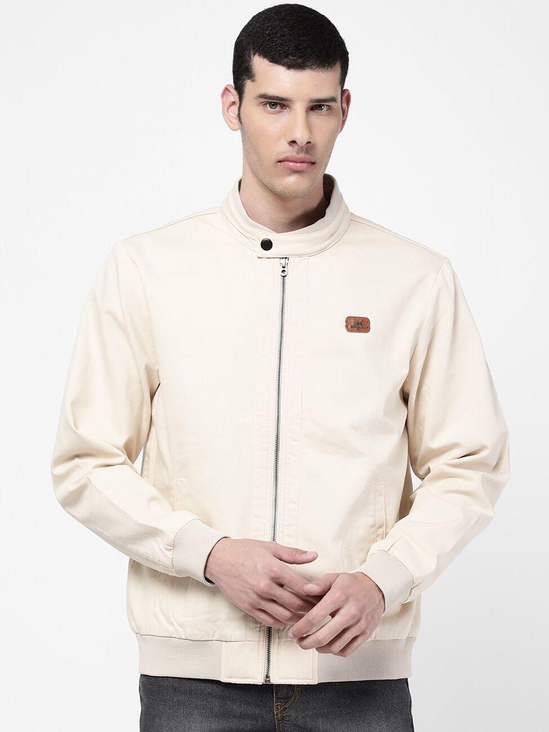 lee men cream-coloured solid bomber jacket