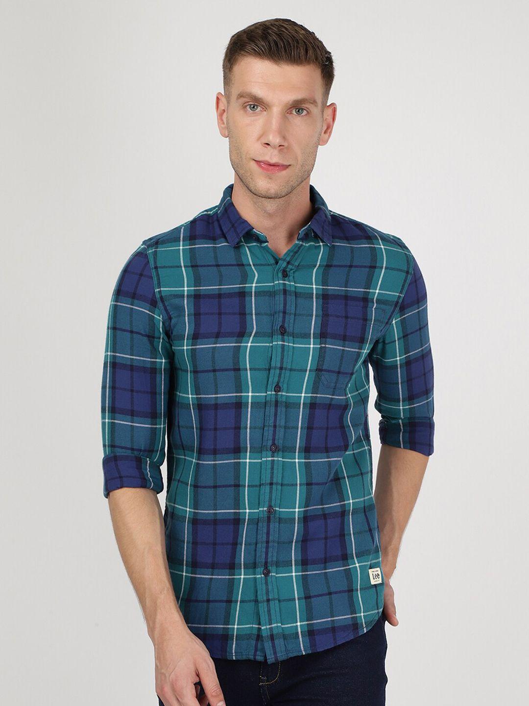 lee men green slim fit tartan checks checked casual shirt