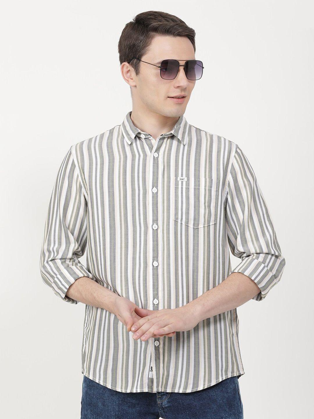 lee men green vertical striped casual cotton shirt