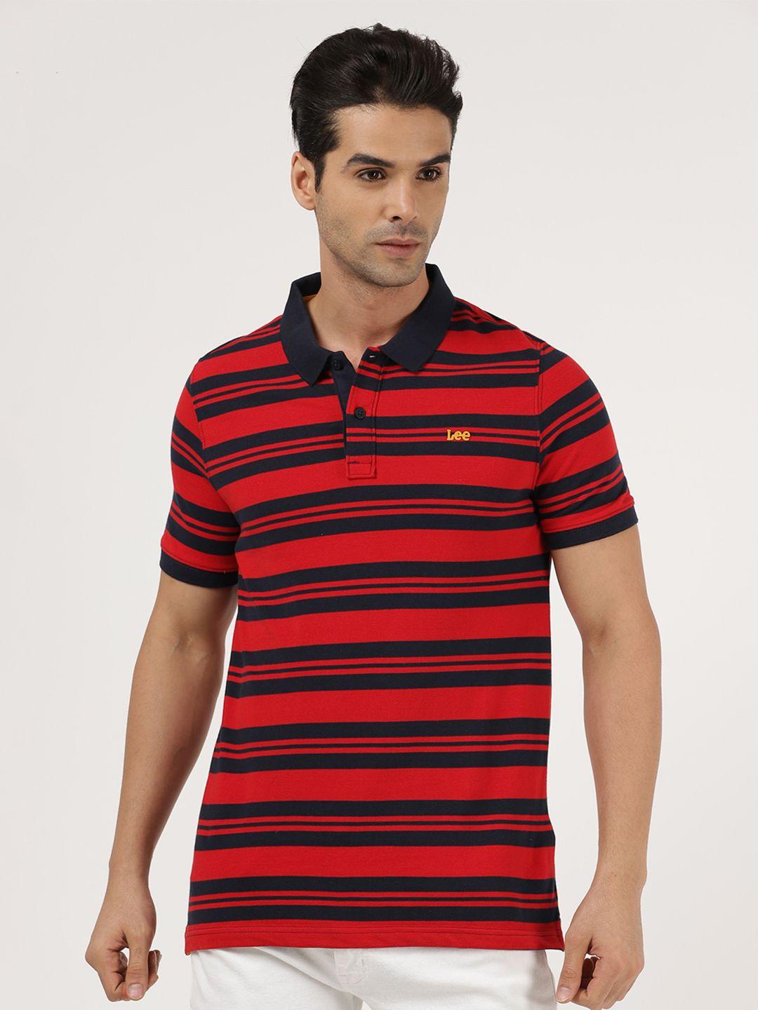 lee men navy blue & red striped polo collar cotton t-shirt