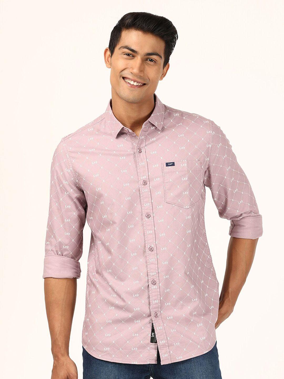 lee men pink slim fit printed casual shirt