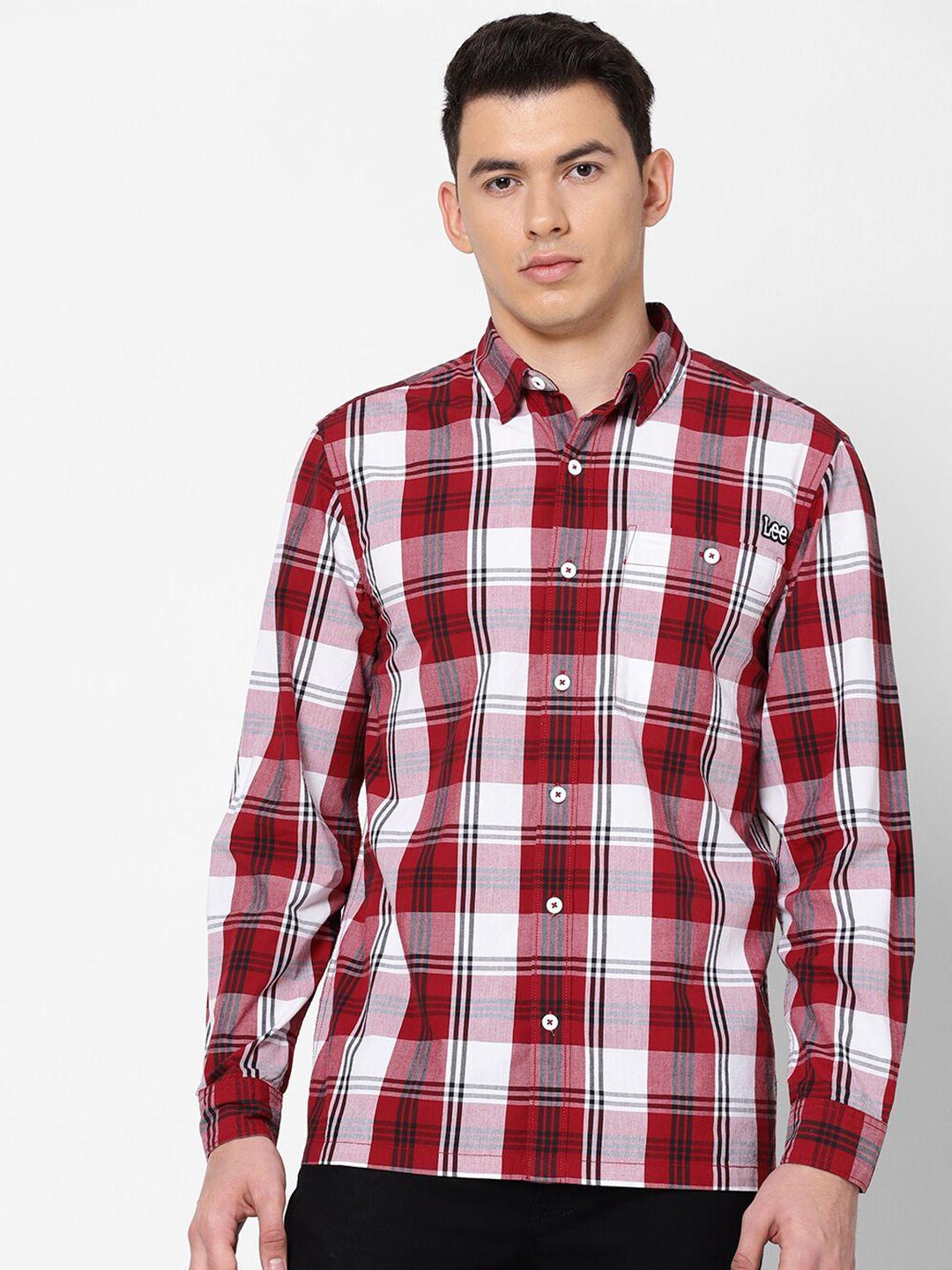 lee men red & white checked cotton casual shirt
