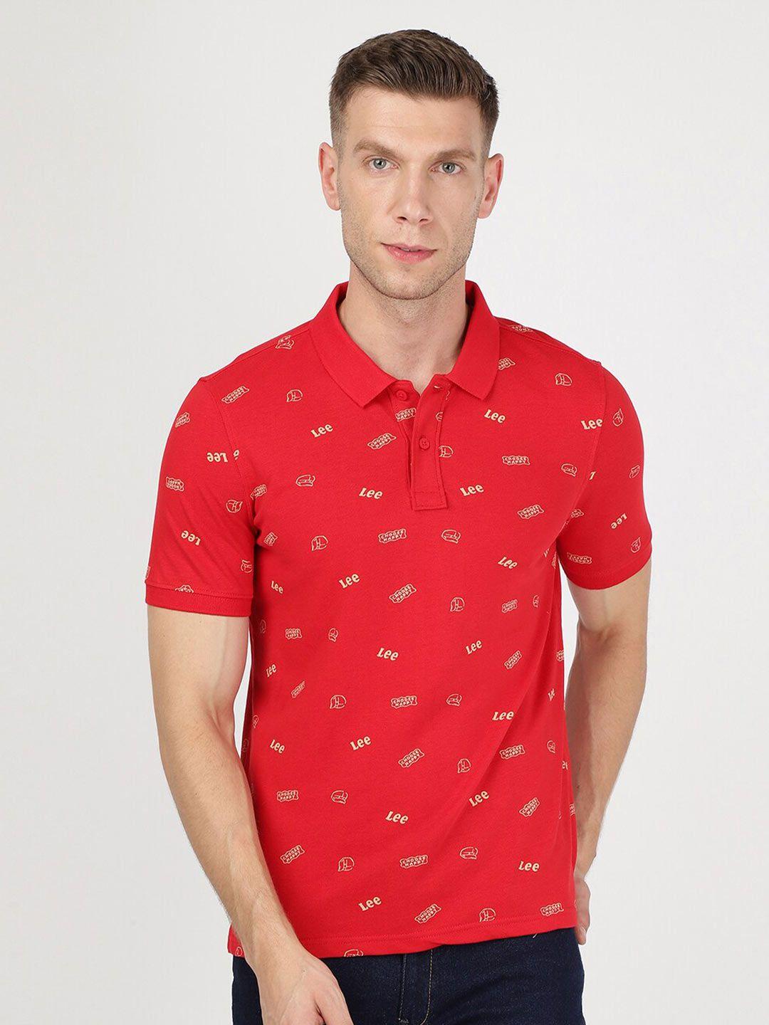 lee men red printed polo collar slim fit t-shirt