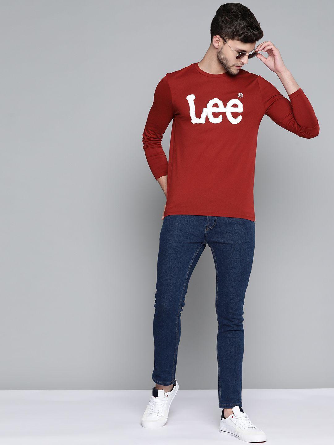 lee men red pure cotton brand logo printed t-shirt