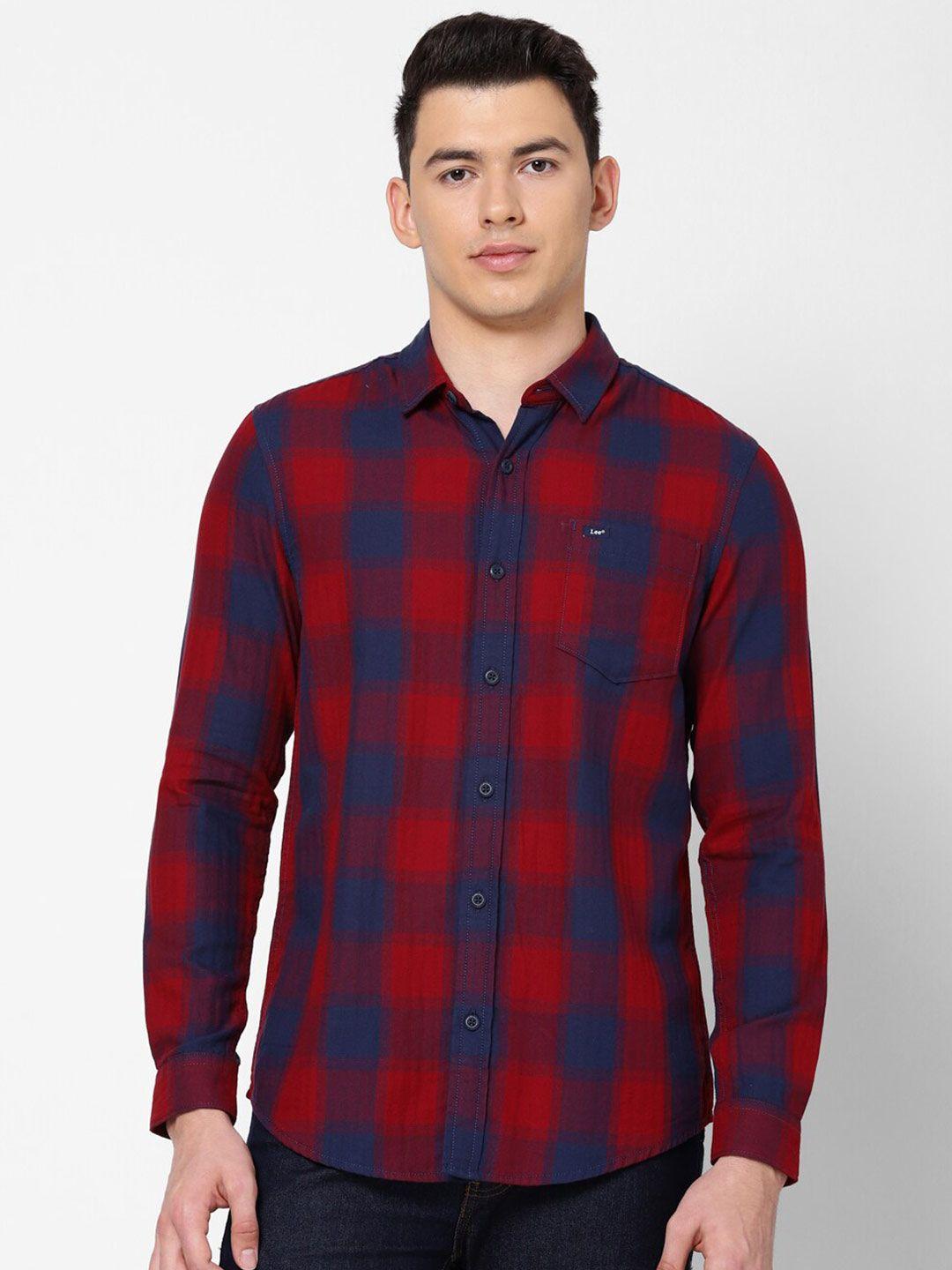 lee men red slim fit buffalo checks checked cotton casual shirt