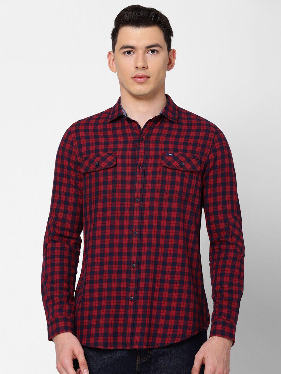 lee men red slim fit checked cotton casual shirt