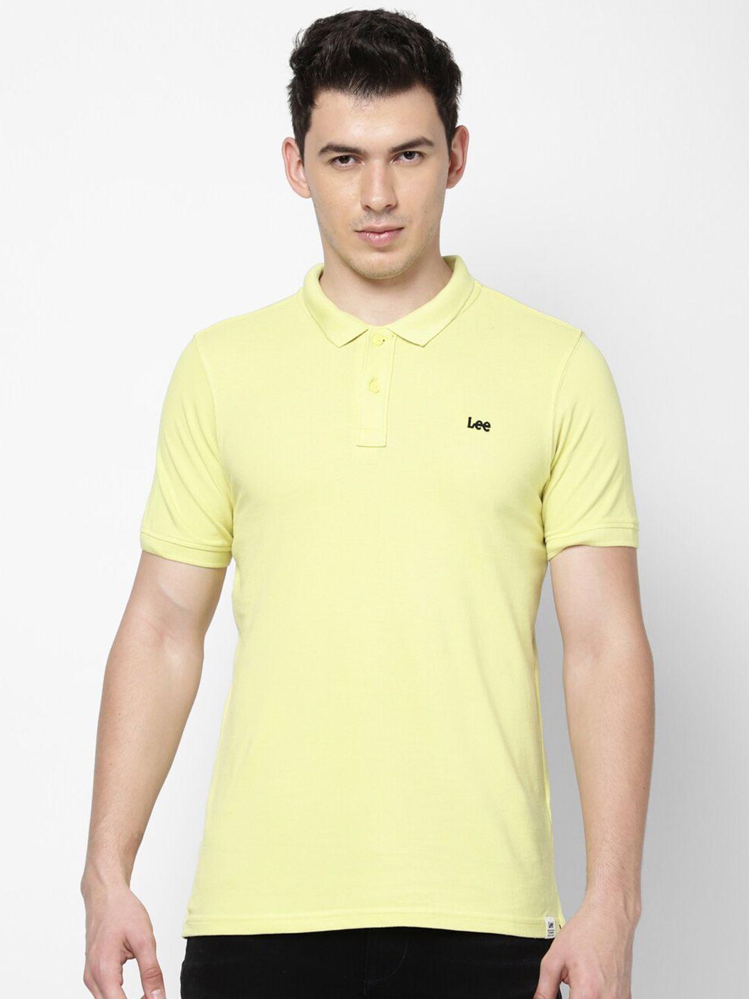 lee men yellow polo collar slim fit cotton t-shirt