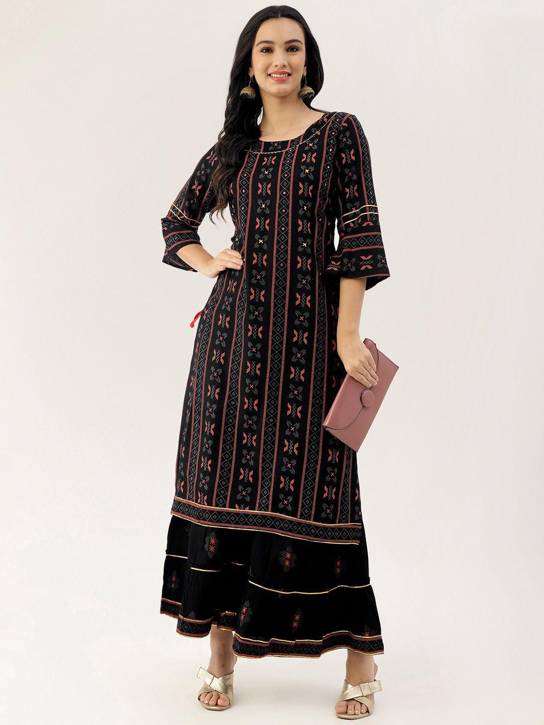 lee moda women black ethnic motifs printed layered kurta with sharara & dupatta