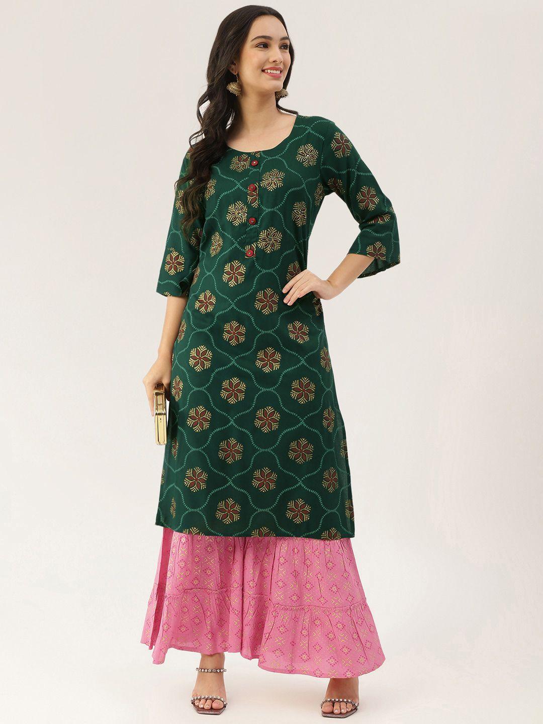 lee moda women green printed kurti with sharara