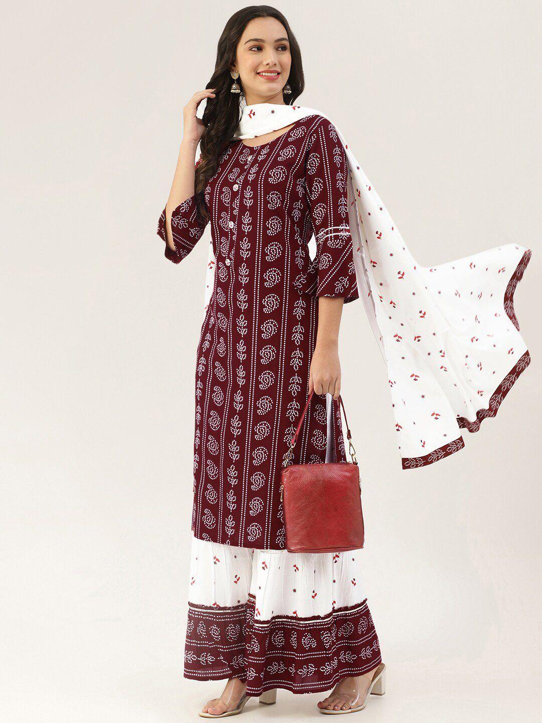 lee moda women maroon ethnic motifs printed layered kurti with skirt