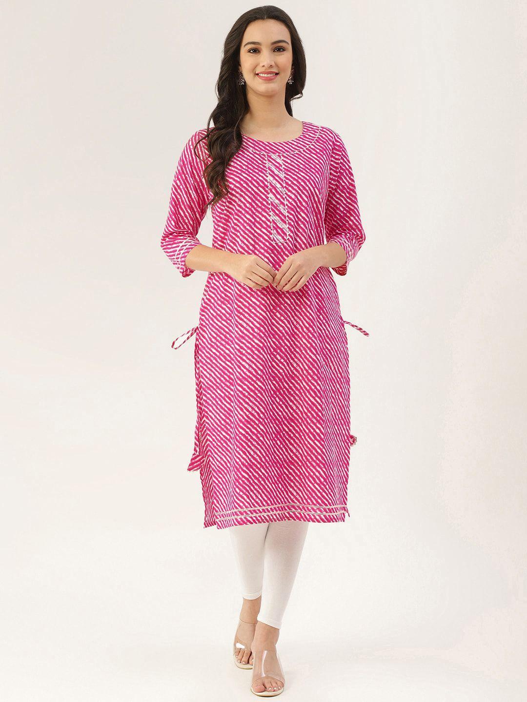 lee moda women pink leheriya printed gotta patti  cotton blend straight kurta
