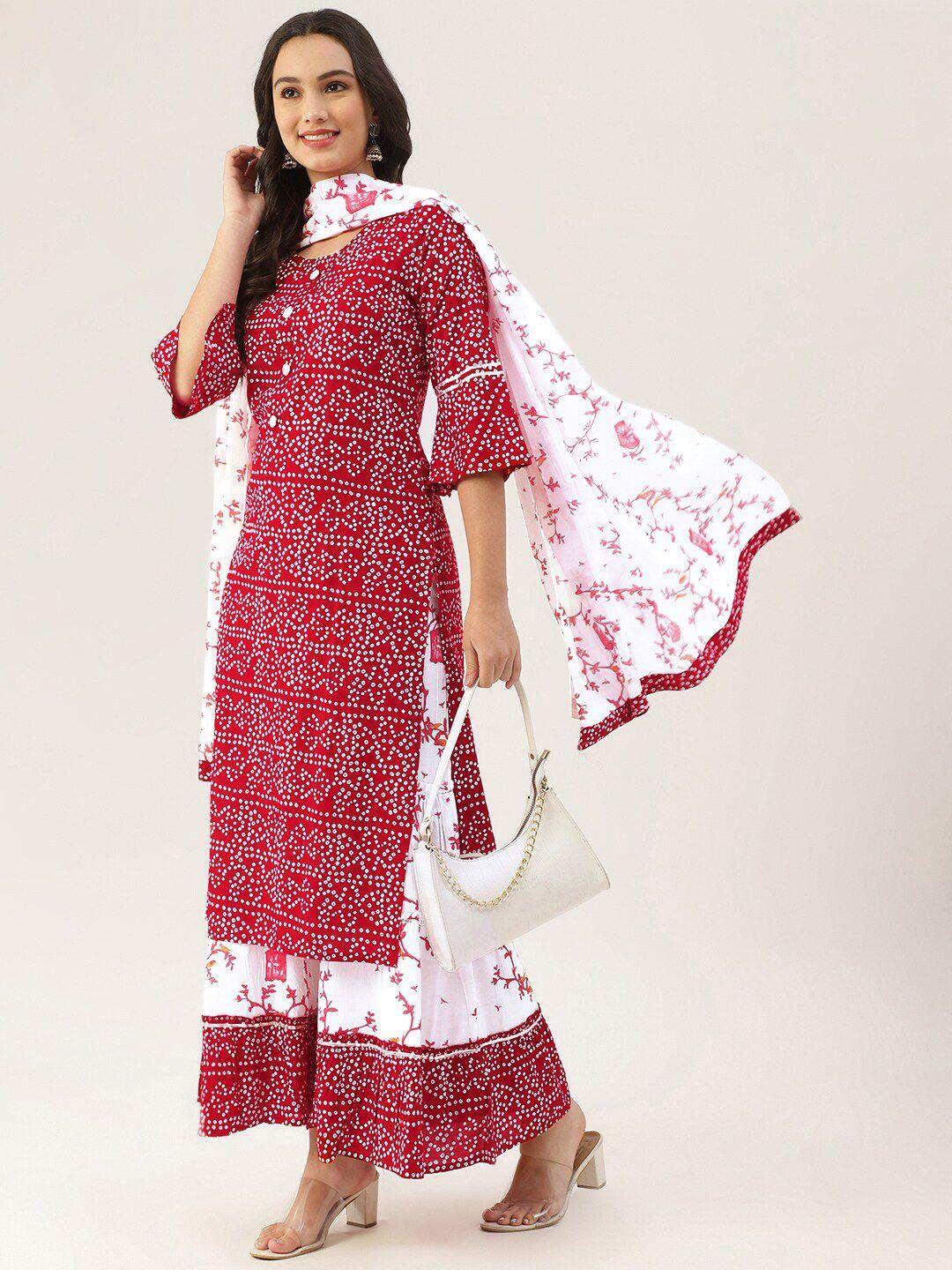 lee moda women red floral printed panelled kurta with palazzos