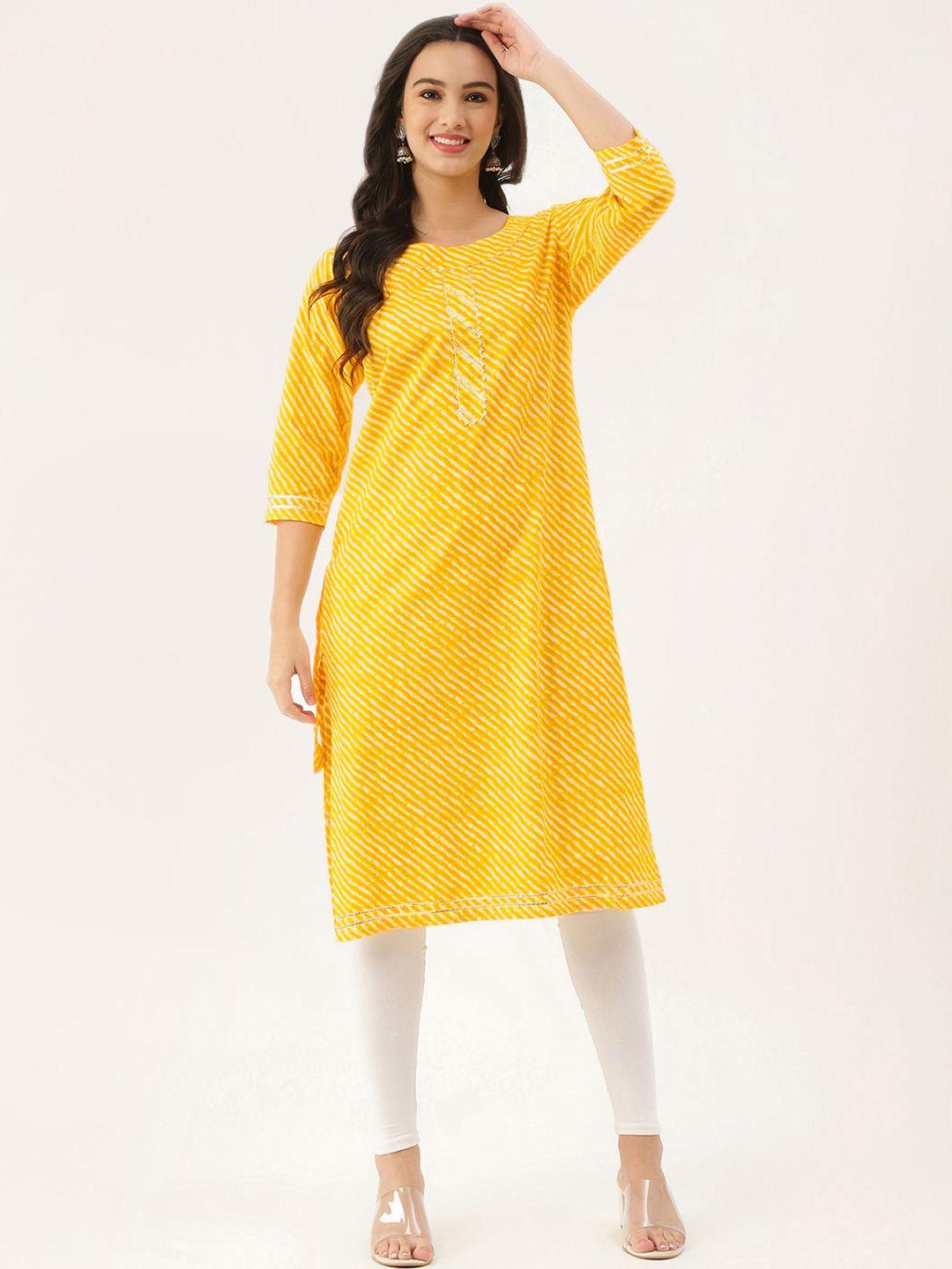lee moda women yellow leheriya work indie prints straight kurta