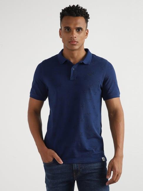 lee navy cotton slim fit printed polo t-shirt