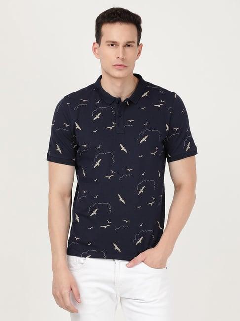 lee navy cotton slim fit printed polo t-shirt