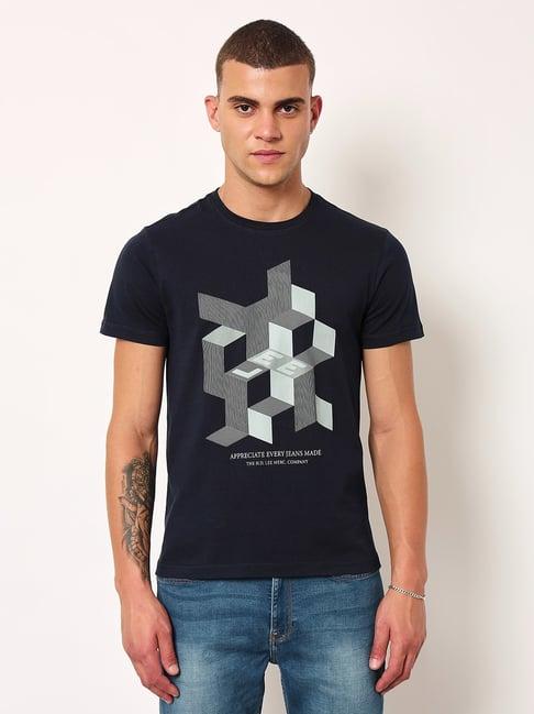 lee navy cotton slim fit printed t-shirt