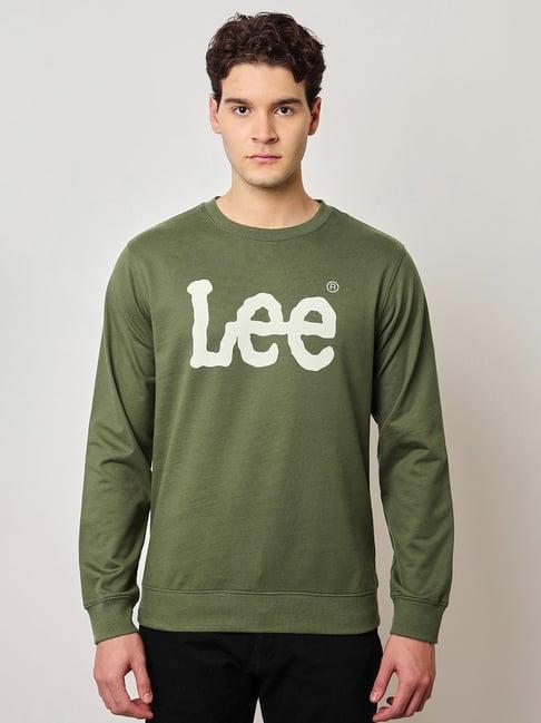 lee olive slim fit logo print round neck sweatshirt