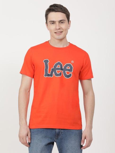 lee orange cotton slim fit logo printed t-shirt