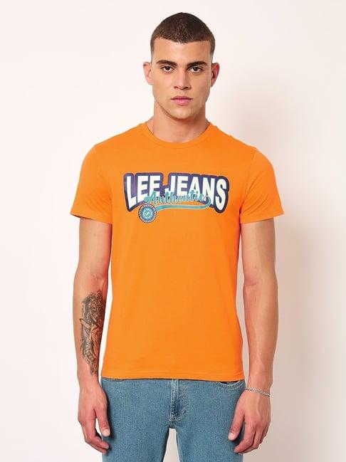 lee orange cotton slim fit printed t-shirt