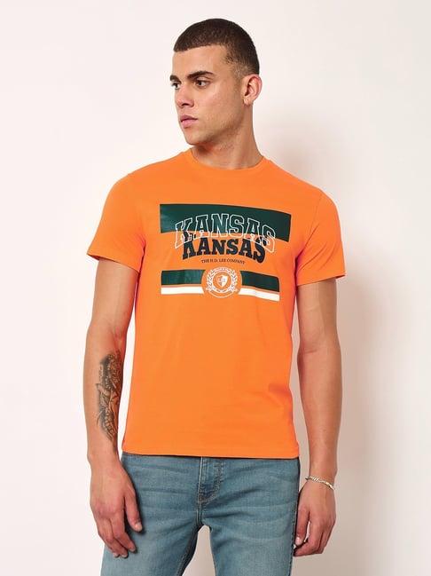 lee orange cotton slim fit printed t-shirt