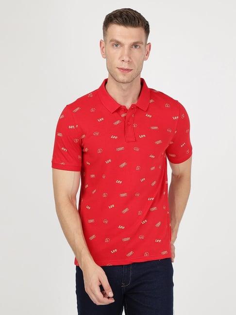 lee red cotton slim fit printed polo t-shirt