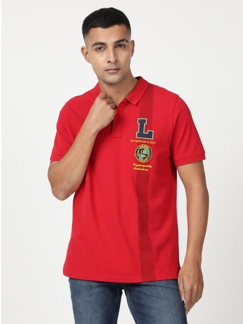 lee red cotton slim fit printed polo t-shirt