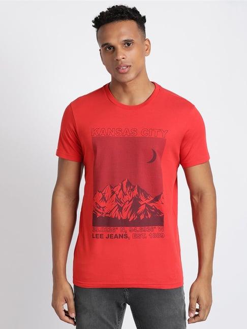 lee red cotton slim fit printed t-shirt