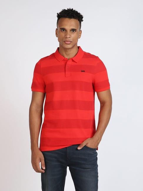 lee red cotton slim fit striped polo t-shirt