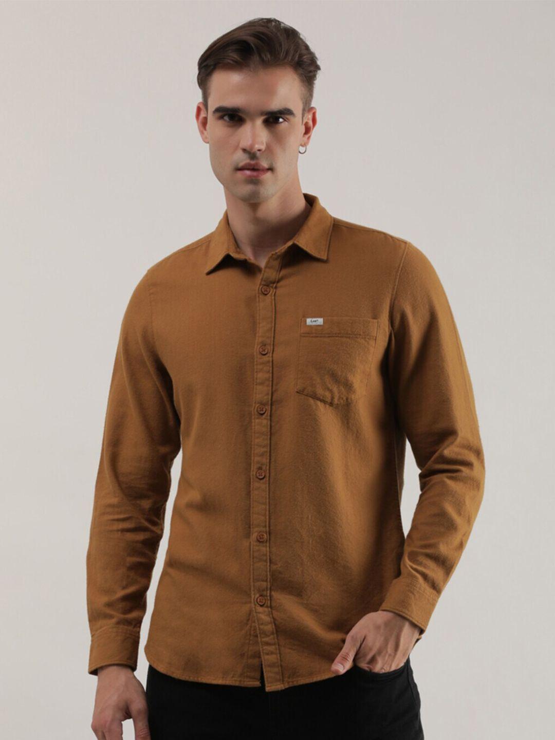 lee slim fit spread collar cotton casual shirt