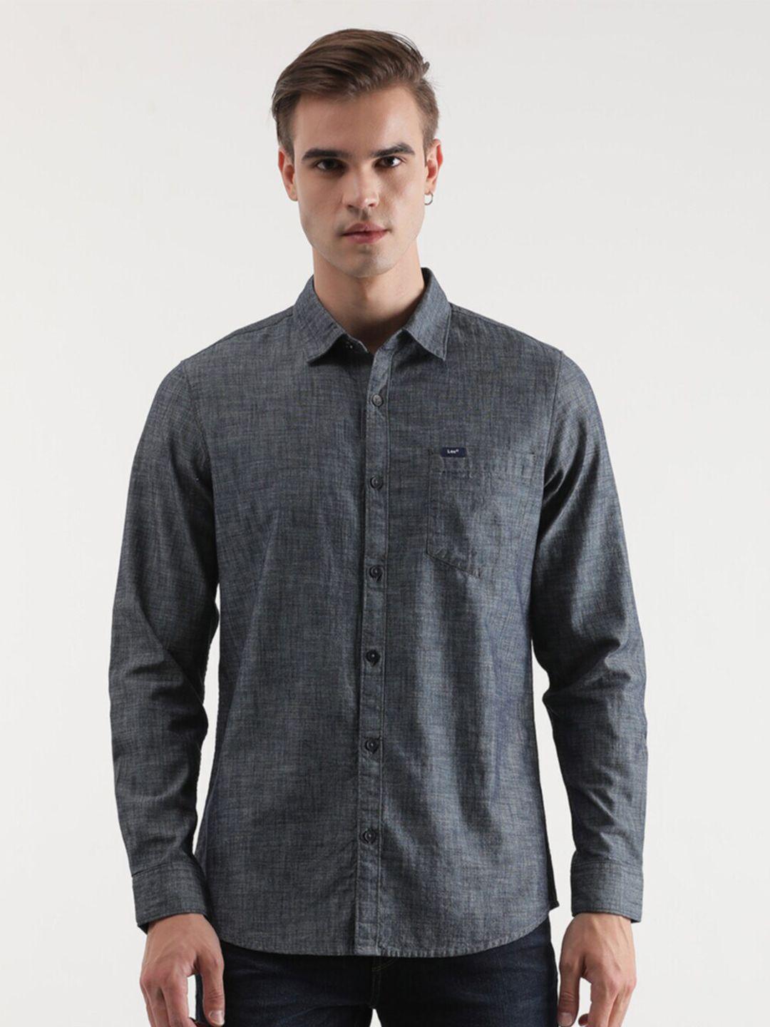 lee slim fit spread collar cotton casual shirt