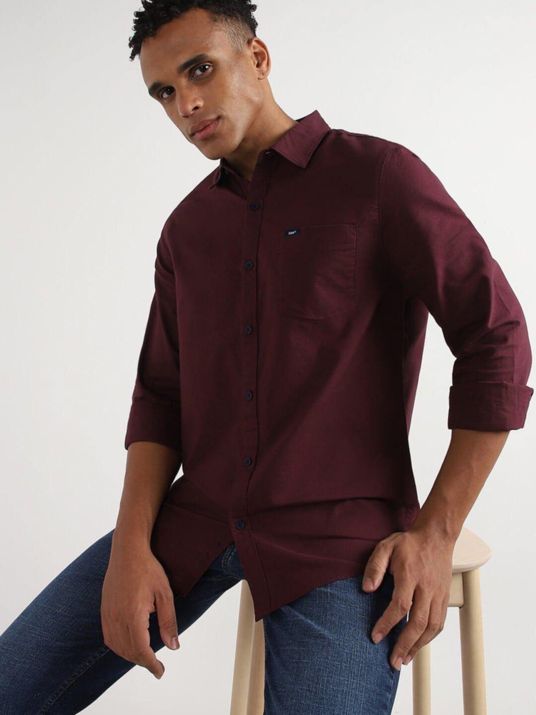 lee slim fit spread collar long sleeves opaque casual organic cotton shirt