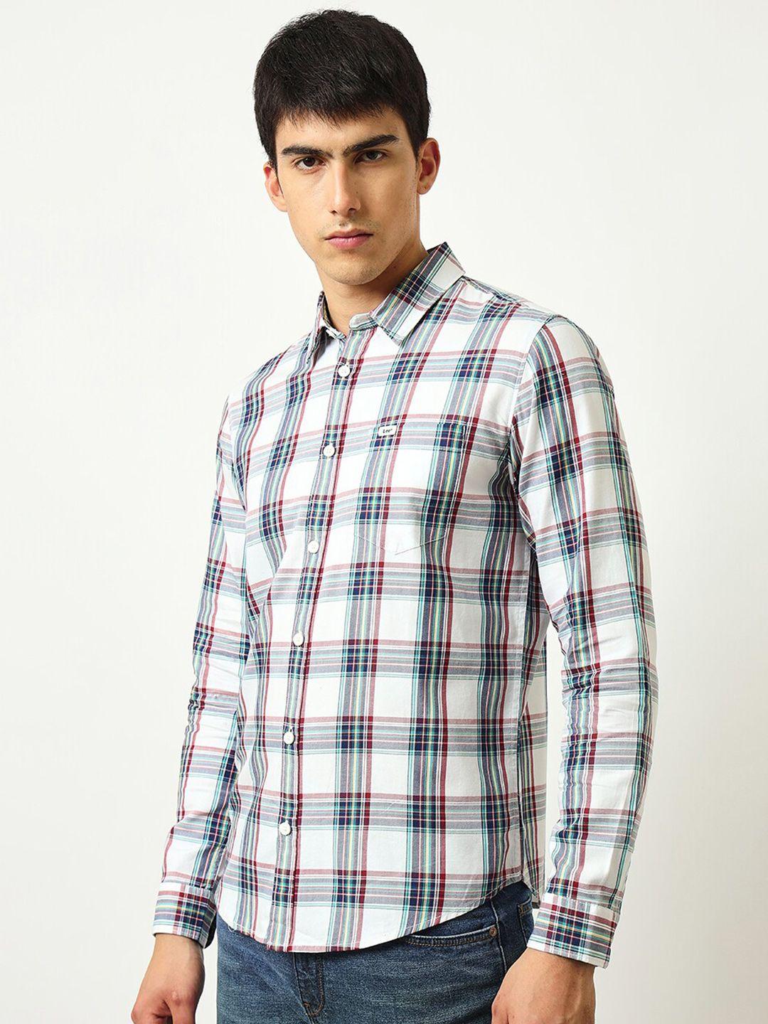 lee spread collar classic tartan checked casual cotton shirt