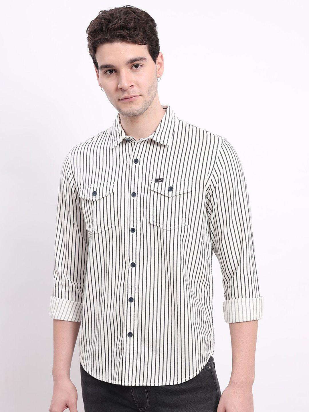 lee spread collar striped classic twill pure cotton shirt