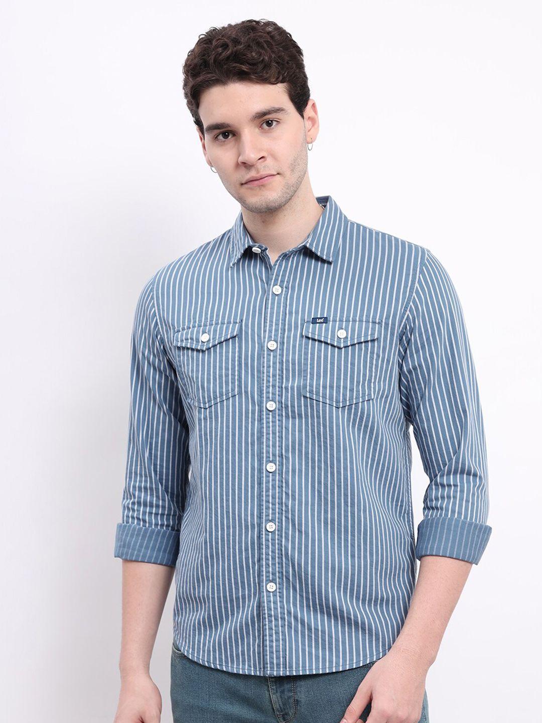 lee spread collar striped classic twill pure cotton shirt