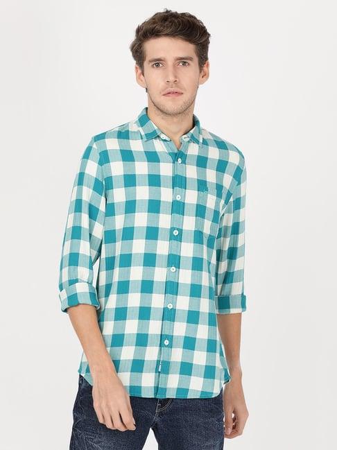 lee teal cotton slim fit checks shirt